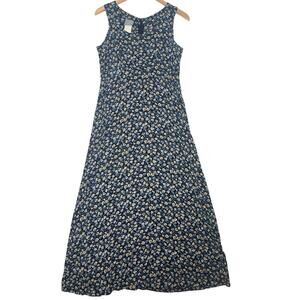 VTG Rabbit Designs 90s Blue Floral Midi Tie Back Dress Prairie sz 4P Cottage